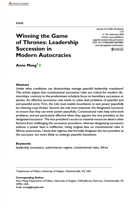 Winning the Game of Thrones: Leadership Succession in Modern Autocracies