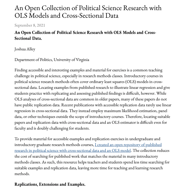 An Open Collection of Political Science Research with OLS Models and Cross-Sectional Data