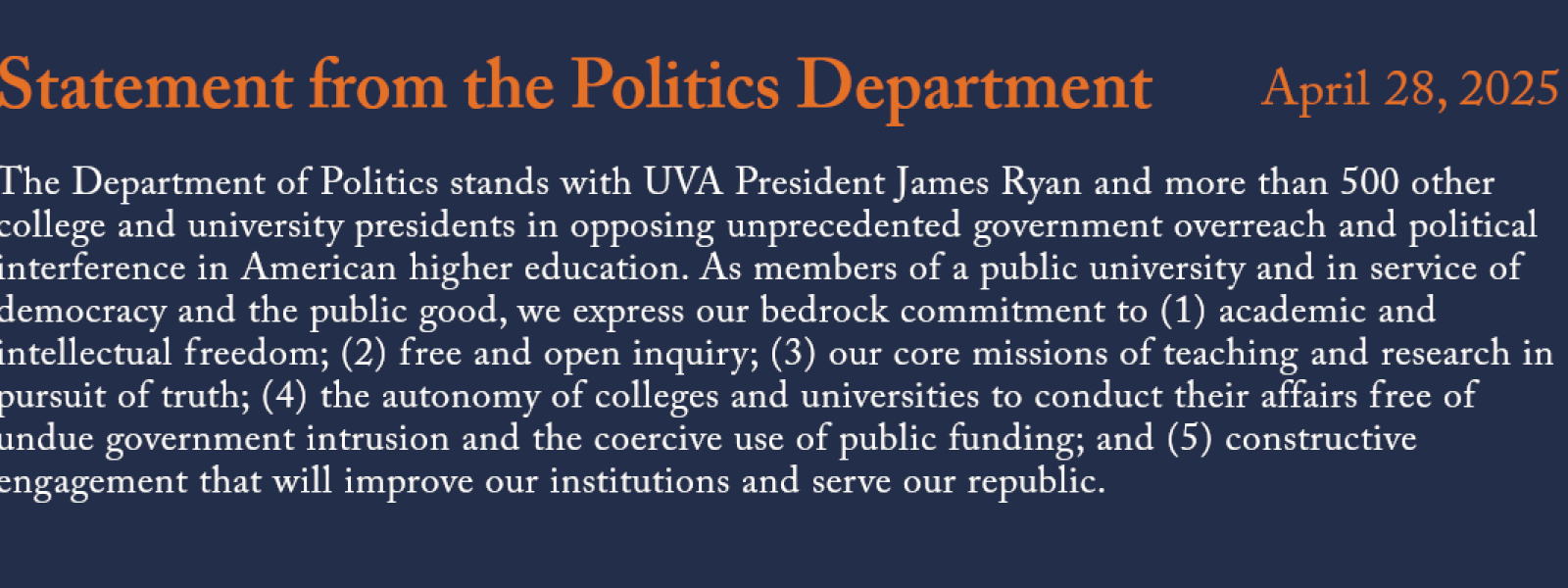 Politics Department Statement