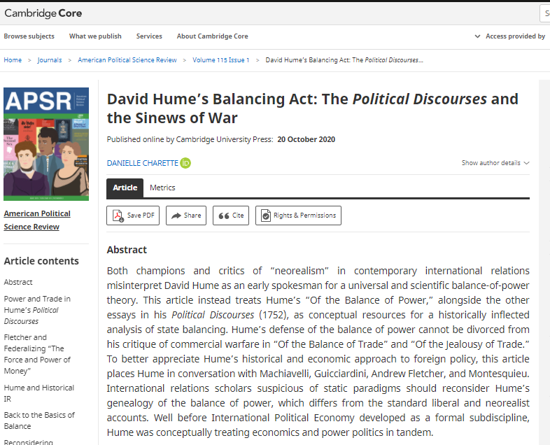 David Hume's Balancing Act: The Political Discourses and the Sinews of War