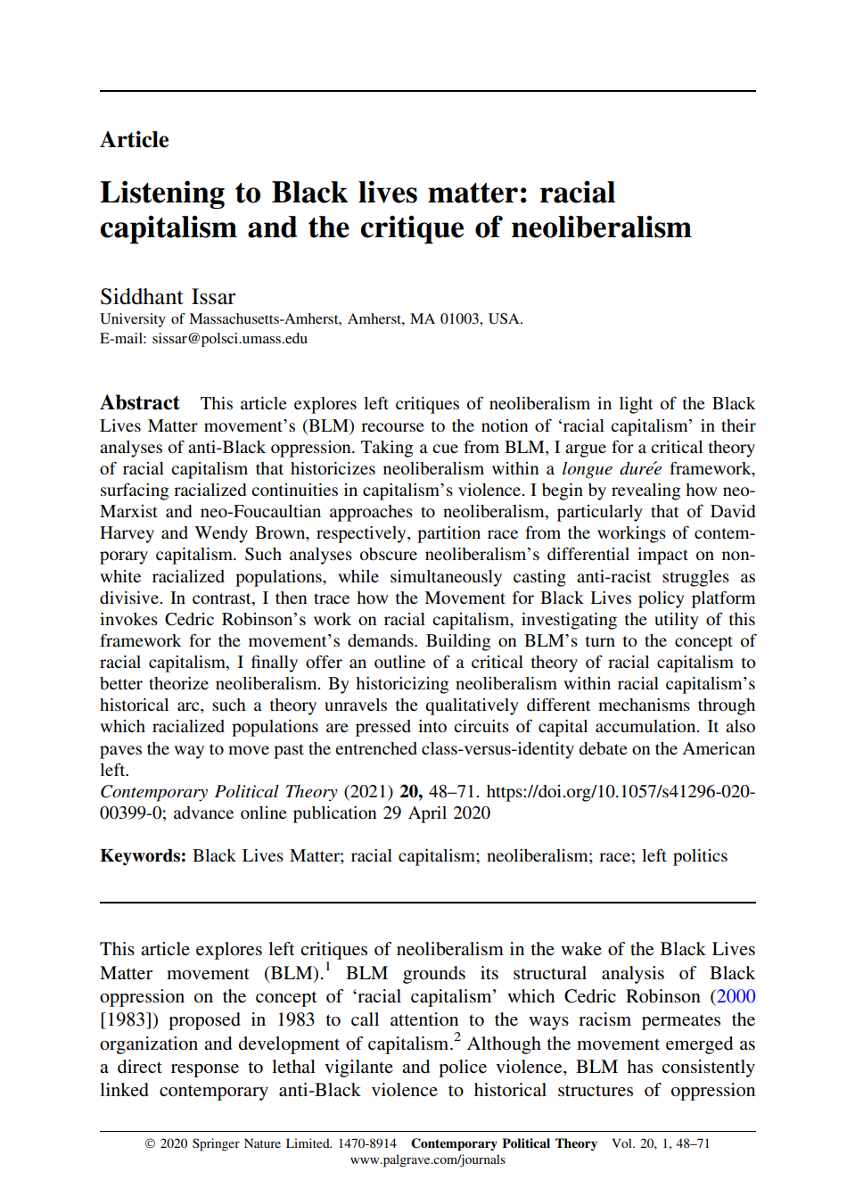 Listening to Black Lives Matter: Racial Capitalism and the Critique of Neoliberalism