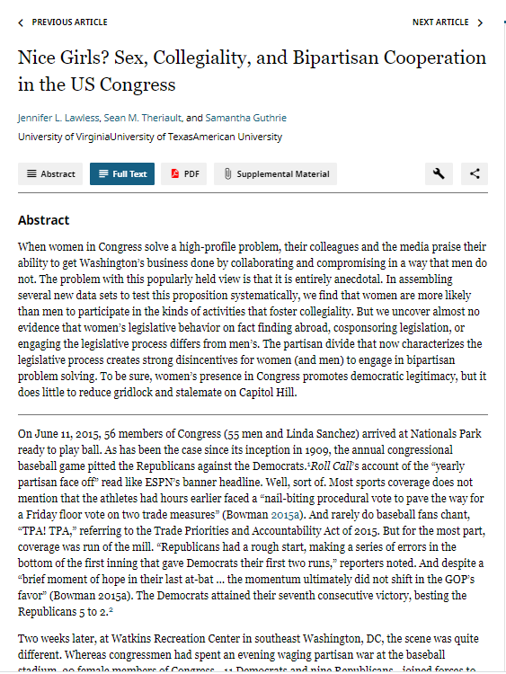 Nice Girls? Sex, Collegiality, and Bipartisan Cooperation in the U.S. Congress