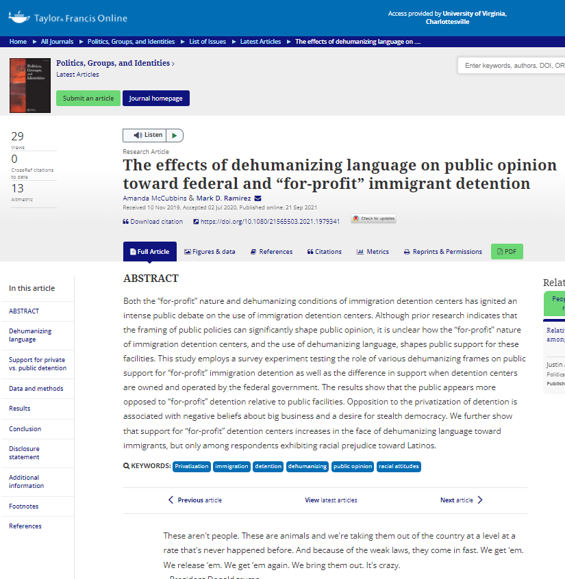 The Effects of Dehumanizing Language on Public Opinion Toward Federal and "For-Profit" Immigrant Detention