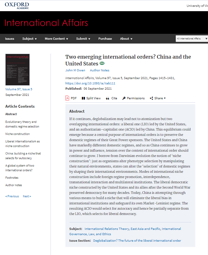 Two Emerging International Orders? China and the United States