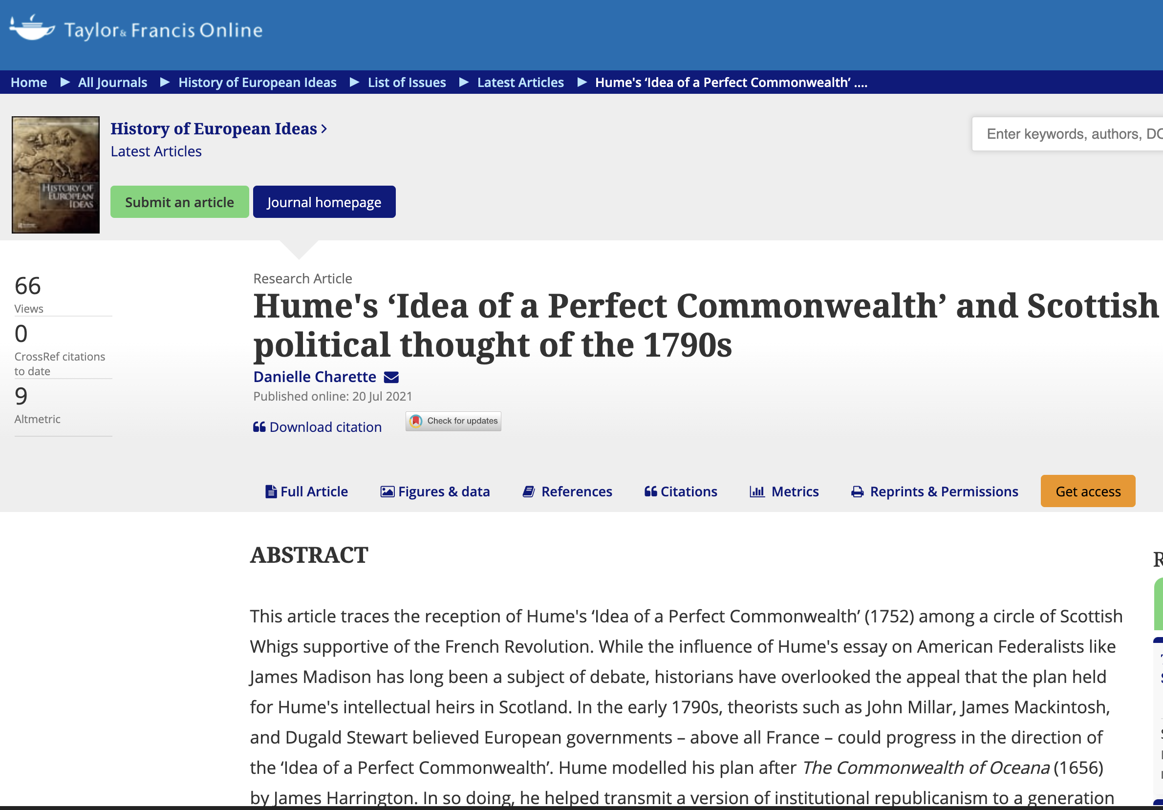 Hume's ‘Idea of a Perfect Commonwealth’ and Scottish political thought of the 1790s