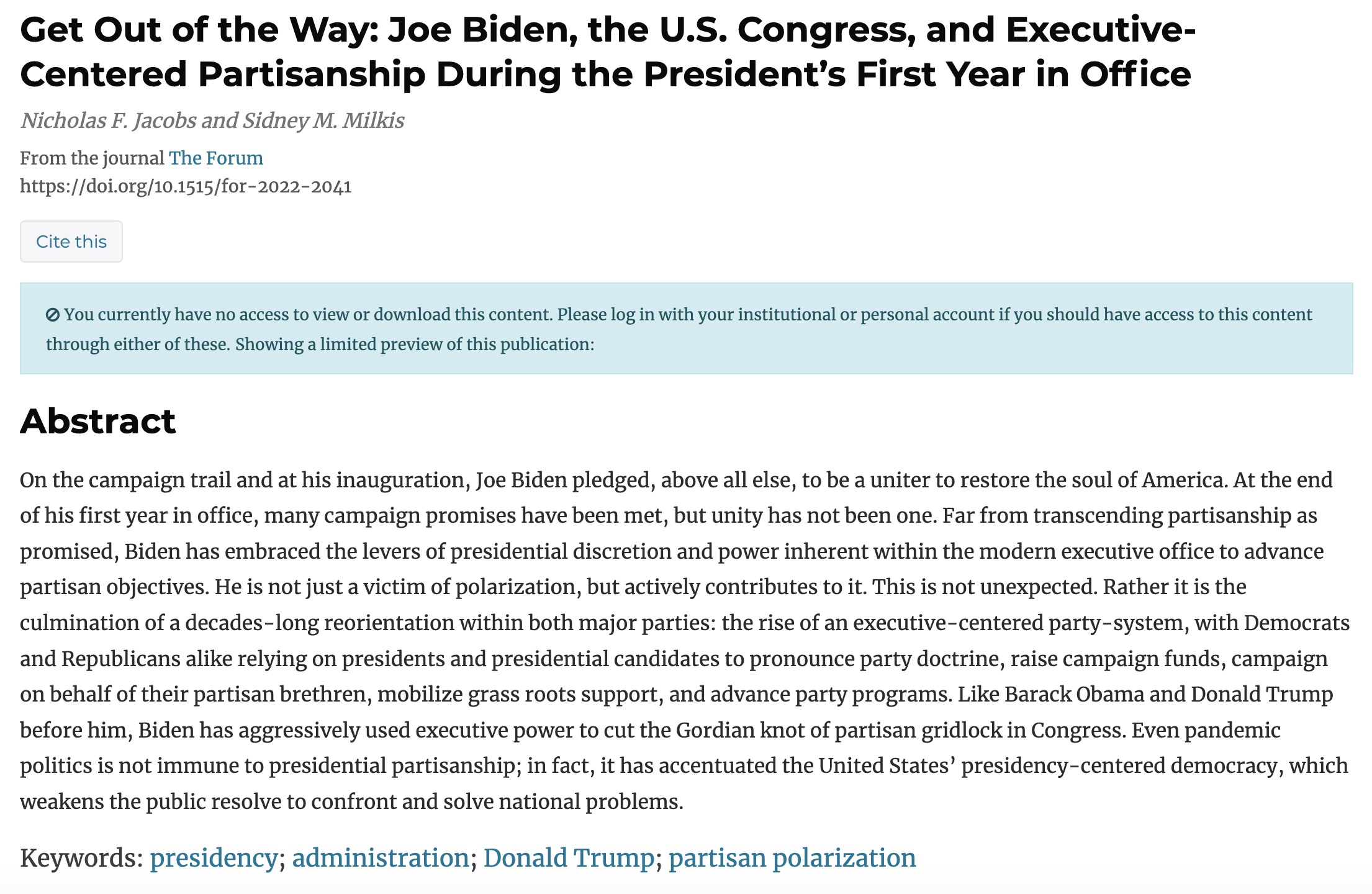 Get Out of the Way: Joe Biden, the U.S. Congress, and Executive-Centered Partisanship During the President’s First Year in Office