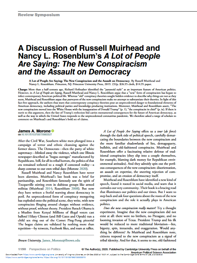 A Discussion of Russell Muirhead and Nancy L. Rosenblum’s A Lot of People Are Saying: The New Conspiracism and the Assault on Democracy