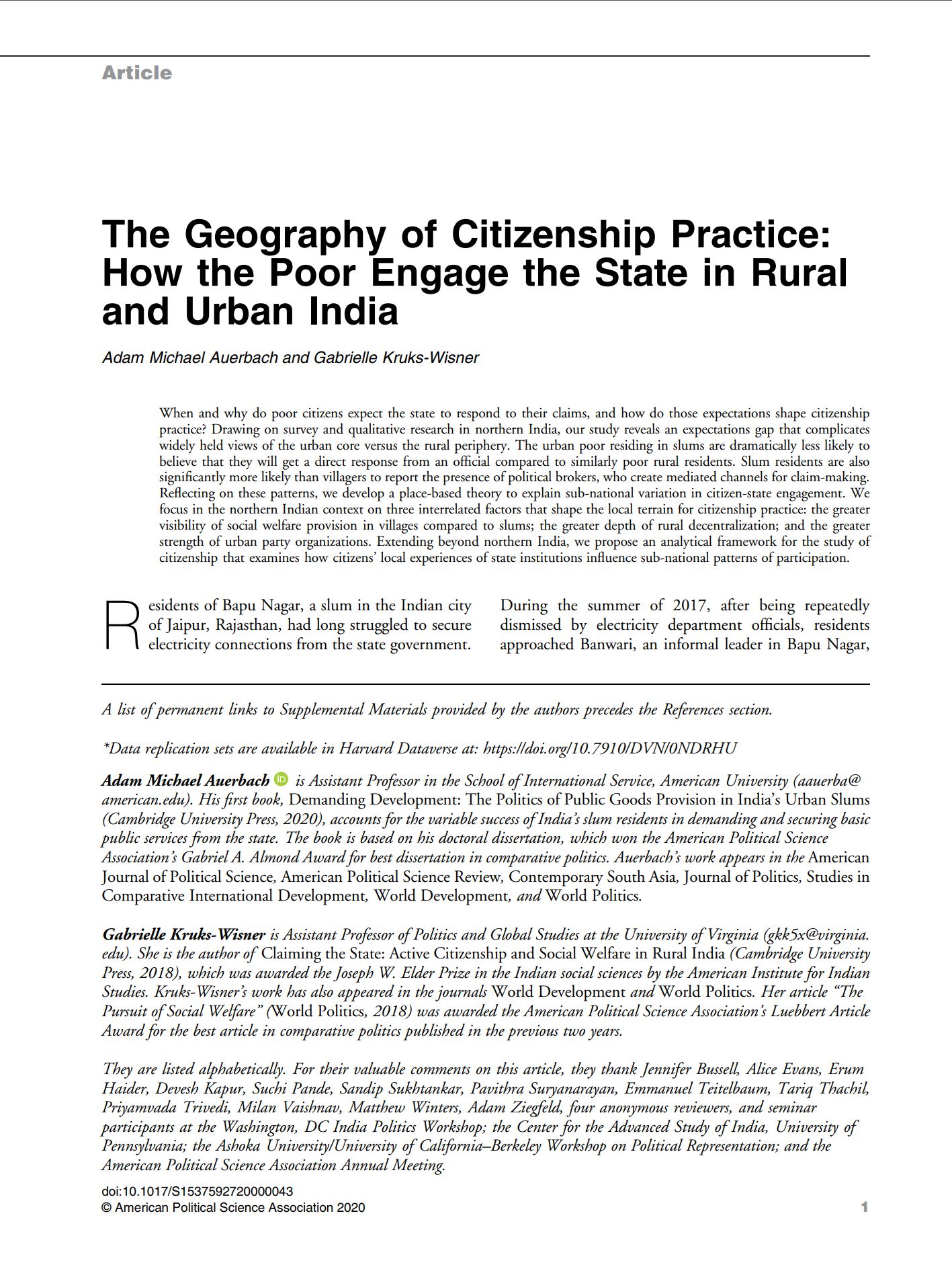 The Geography of Citizenship Practice: How the Poor Engage the State in Rural and Urban India (with A. M. Auerbach)