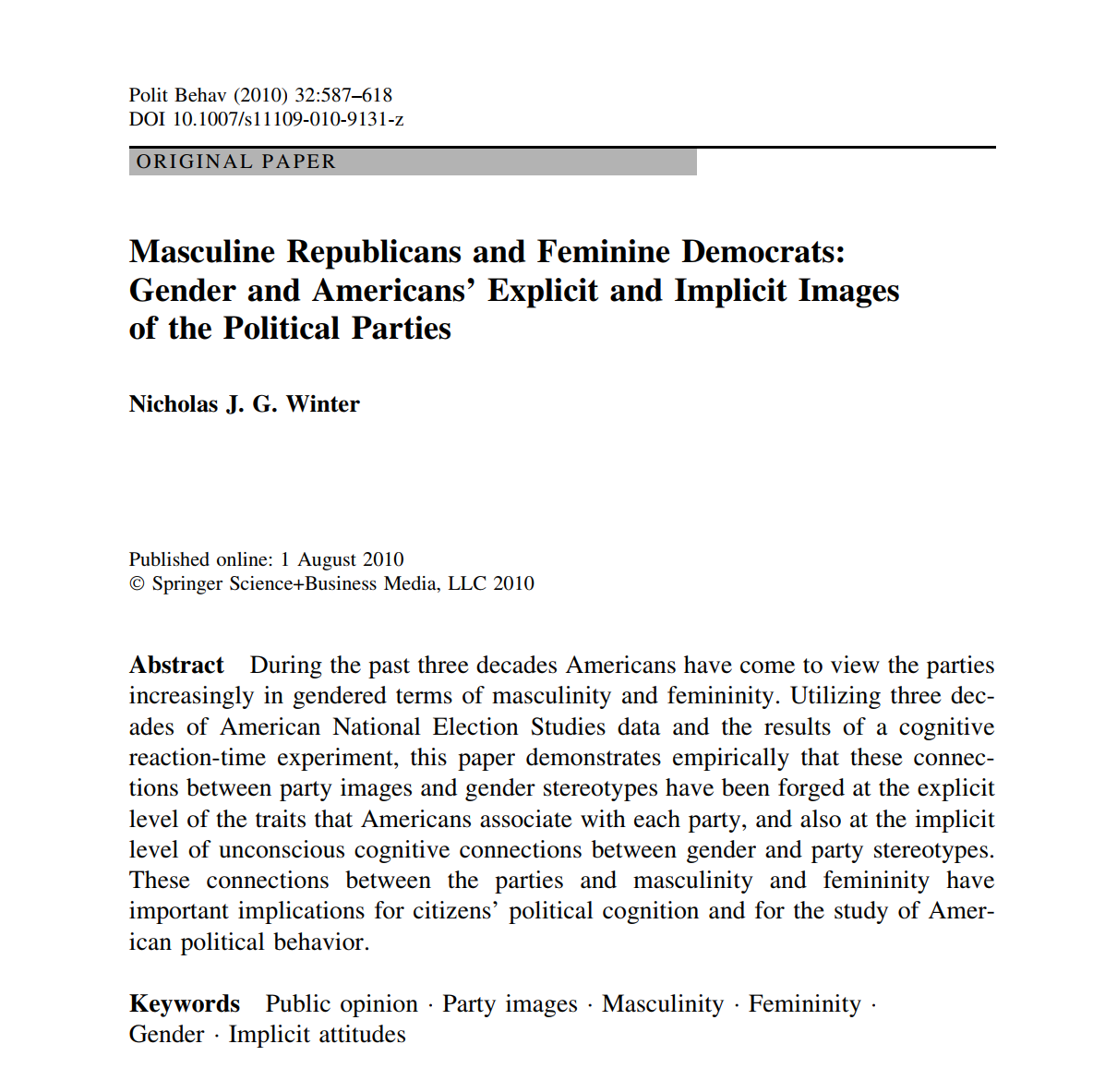 Masculine Republicans and Feminine Democrats: Gender and Americans’ Explicit and Implicit Images of the Political Parties